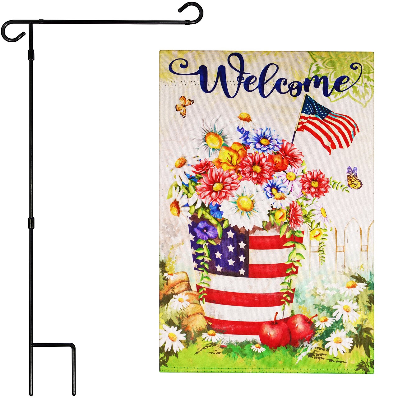 G128 Combo Pack: Garden Flag Stand Black 36 in x 16 in & Garden Flag Patriotic Decoration Welcome USA Flag Flower Pot 12"x18" Double-Sided Blockout Fabric
